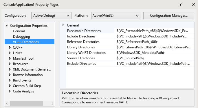 Visual Studio 属性页对话框的屏幕截图，显示各种目录的规则。