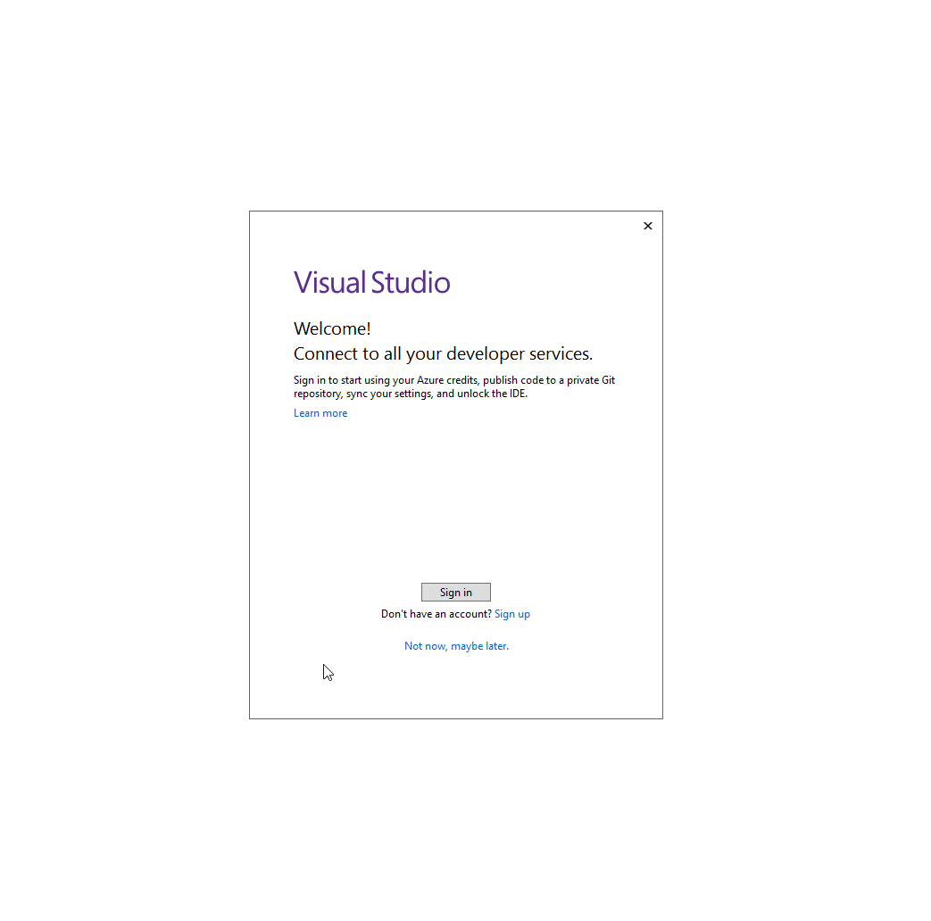 Visual Studio 2017 sign in Visual Studio sign in dialog.