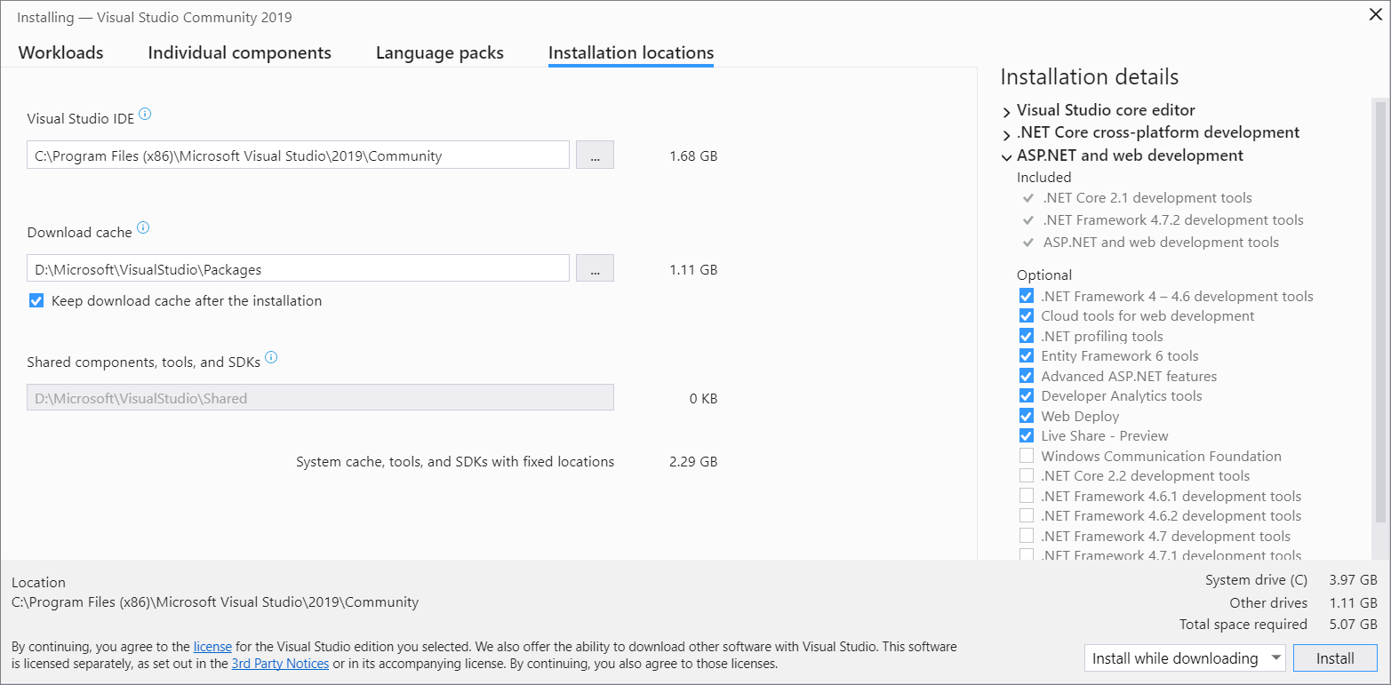 Change the installation location Screenshot of the Visual Studio Installer, showing the installation locations tab view.