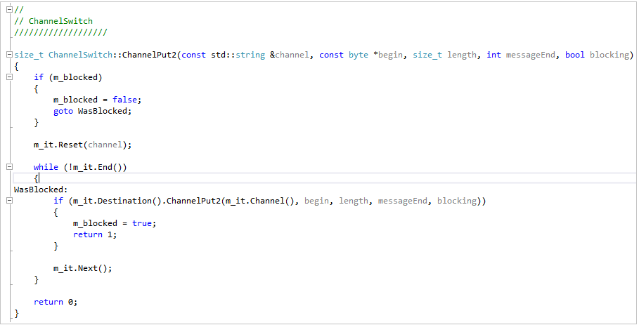 C++ 着色 显示编辑器中代码着色的屏幕截图。关键字以不同颜色显示,例如 if、while 显示为蓝色,注释显示为绿色