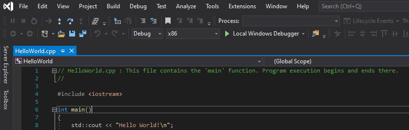 具有深色主题的 Visual Studio 的屏幕截图。