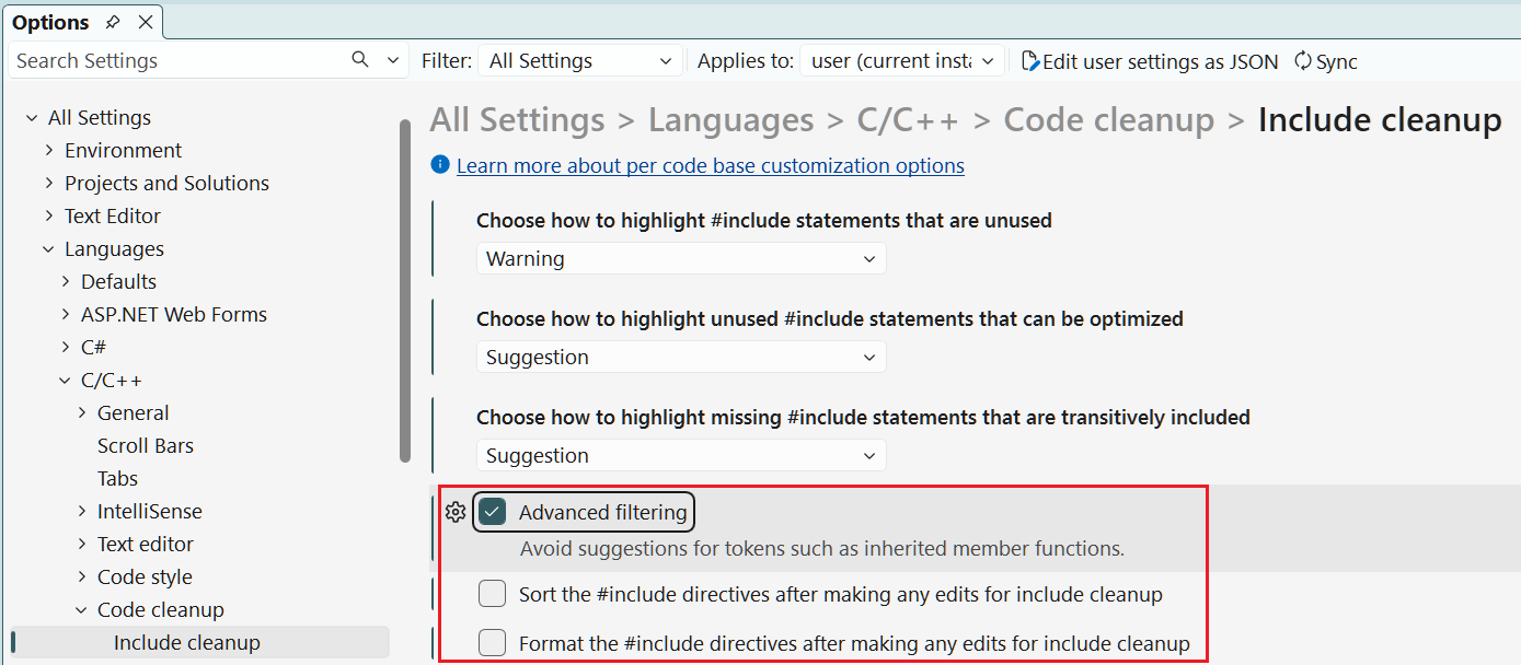 Visual Studio 的 Include 清理选项截图，其中突出显示了“高级筛选”、“排序”和“格式设置”选项。