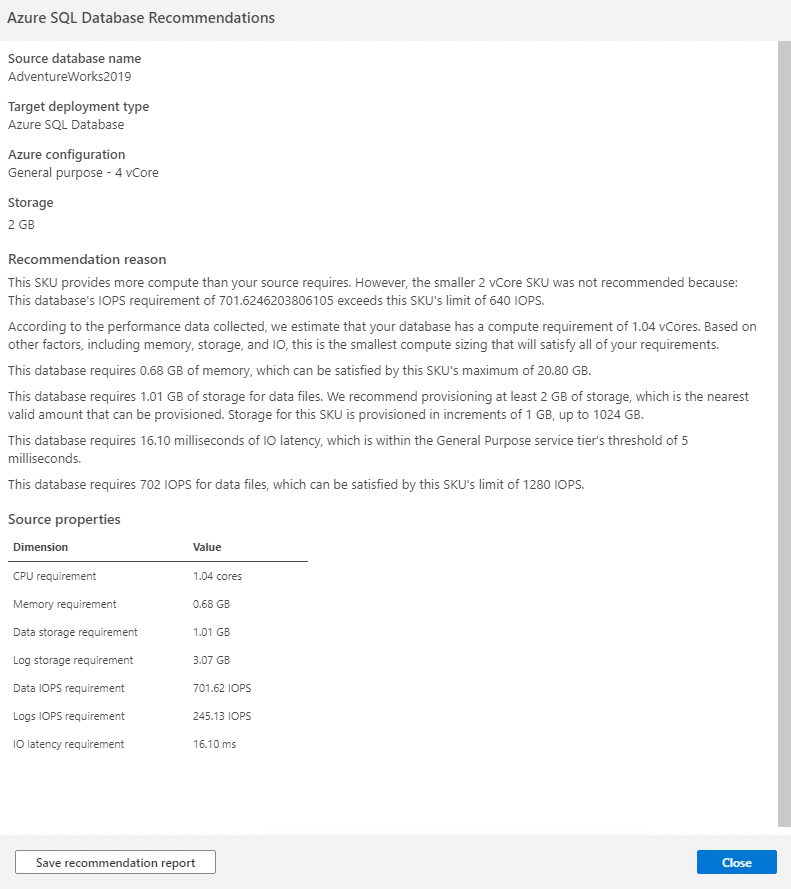 显示 SKU 建议详细信息的屏幕截图。