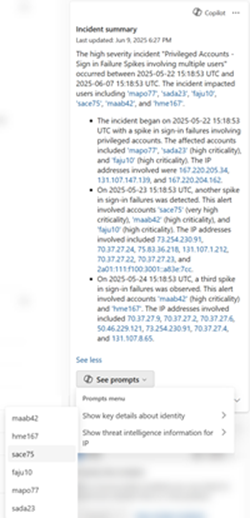 显示 Copilot 建议的事件摘要卡提示的屏幕截图。