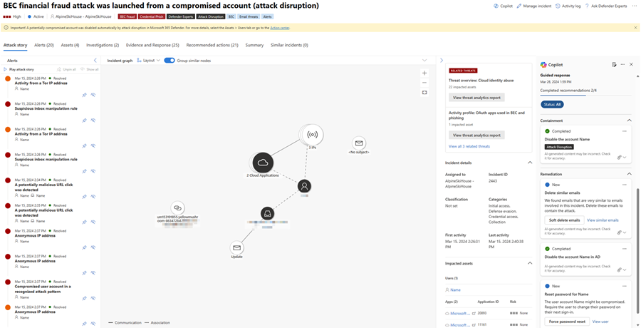 显示 Copilot 窗格的屏幕截图，其中包含 Microsoft Defender 事件页中的引导响应。