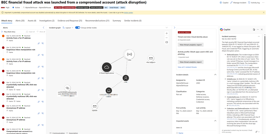 屏幕截图显示 Copilot 窗格上的事件摘要卡，如 Microsoft Defender 事件页所示。