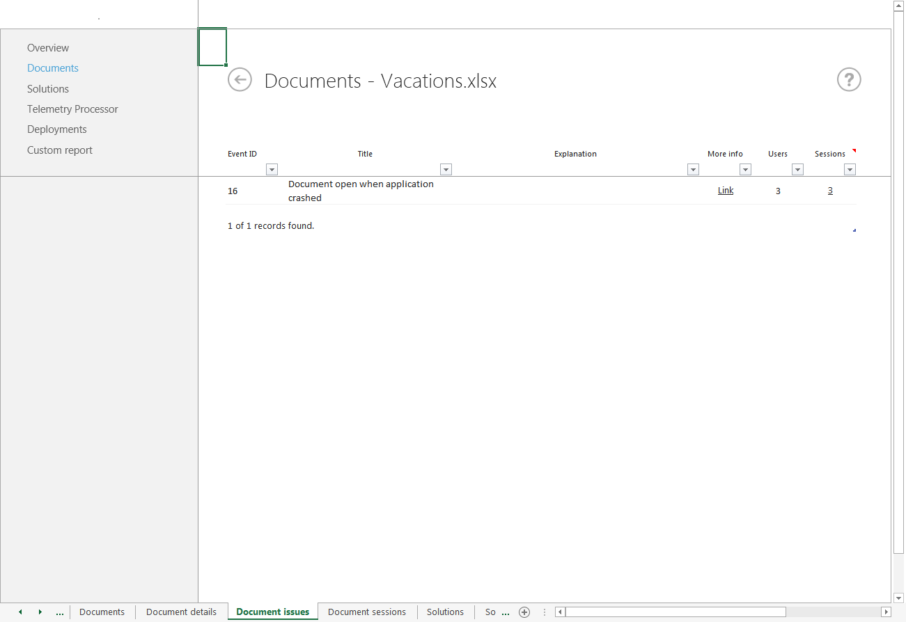 Office 遥测仪表板中“文档问题”工作表的屏幕截图。
