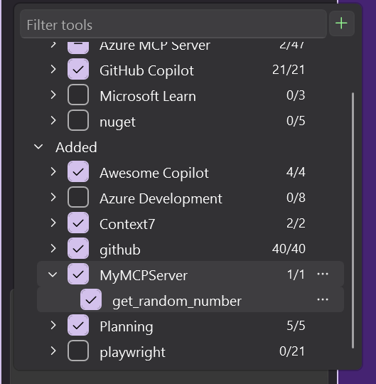 GitHub Copilot 聊天中的 MCP 工具列表