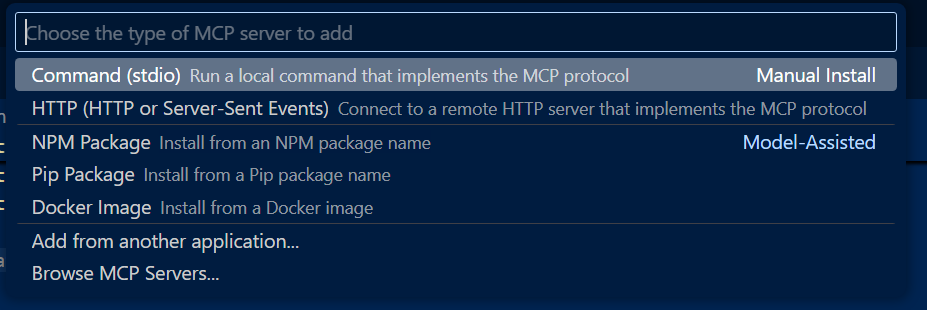 选择要通过命令面板添加的 MCP 服务器类型