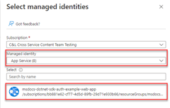 A screenshot showing how to use the select managed identities dialog to filter and select the managed identity to assign the role to.