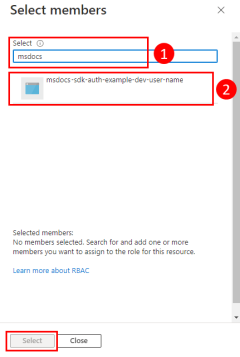 A screenshot showing how to filter for and select the Azure AD group for the application in the Select members dialog box.