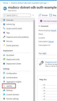 A screenshot showing the location of the Identity menu item in the left-hand menu for an Azure resource.