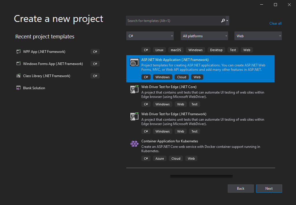在 Visual Studio 中新建 ASP.NET Web 应用程序项目