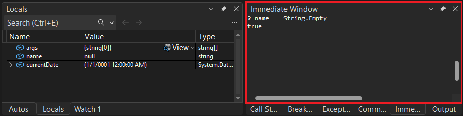 在执行语句后返回值 true 的即时窗口 - C#