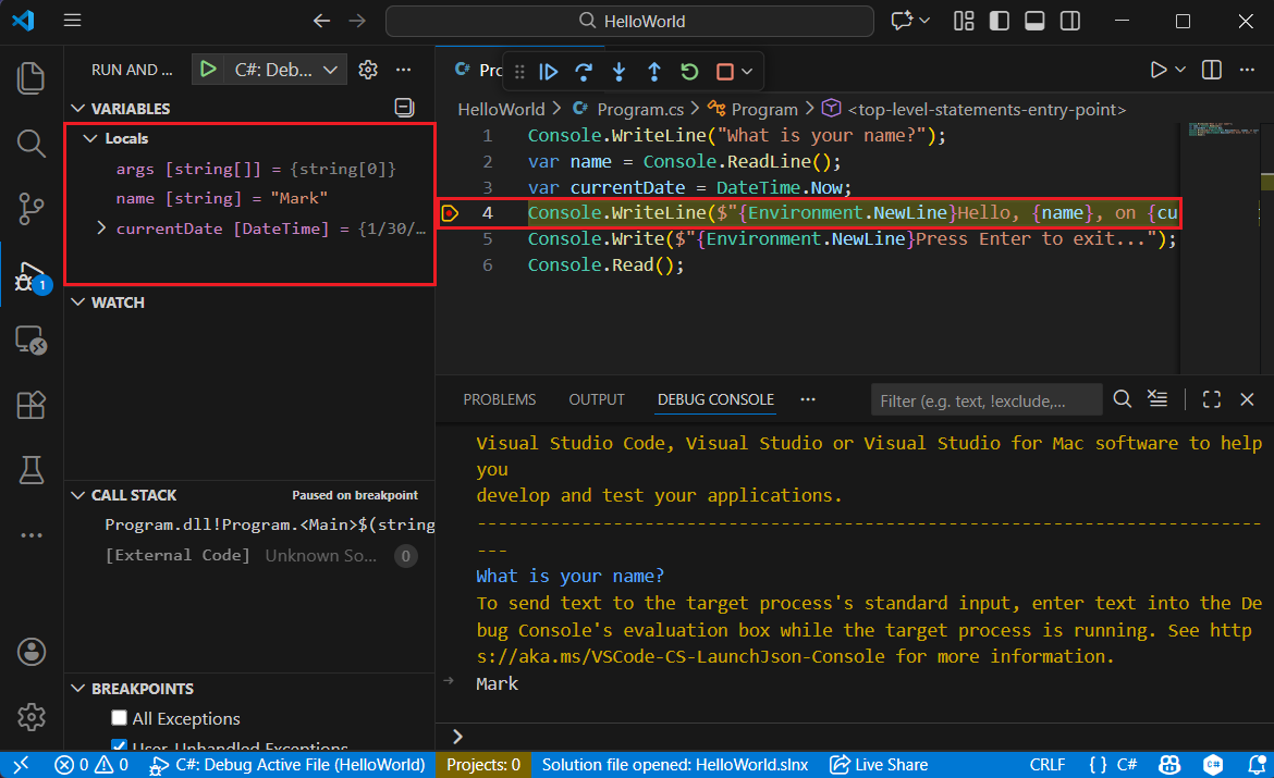 命中断点，显示局部变量