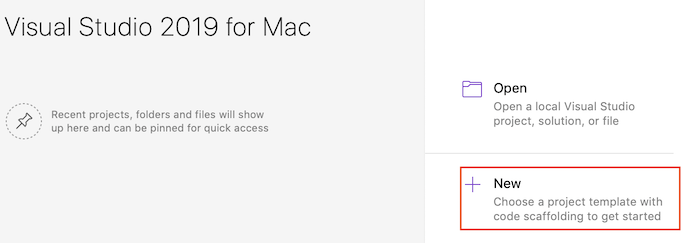 Visual Studio for Mac 开始屏幕上的“新建”按钮
