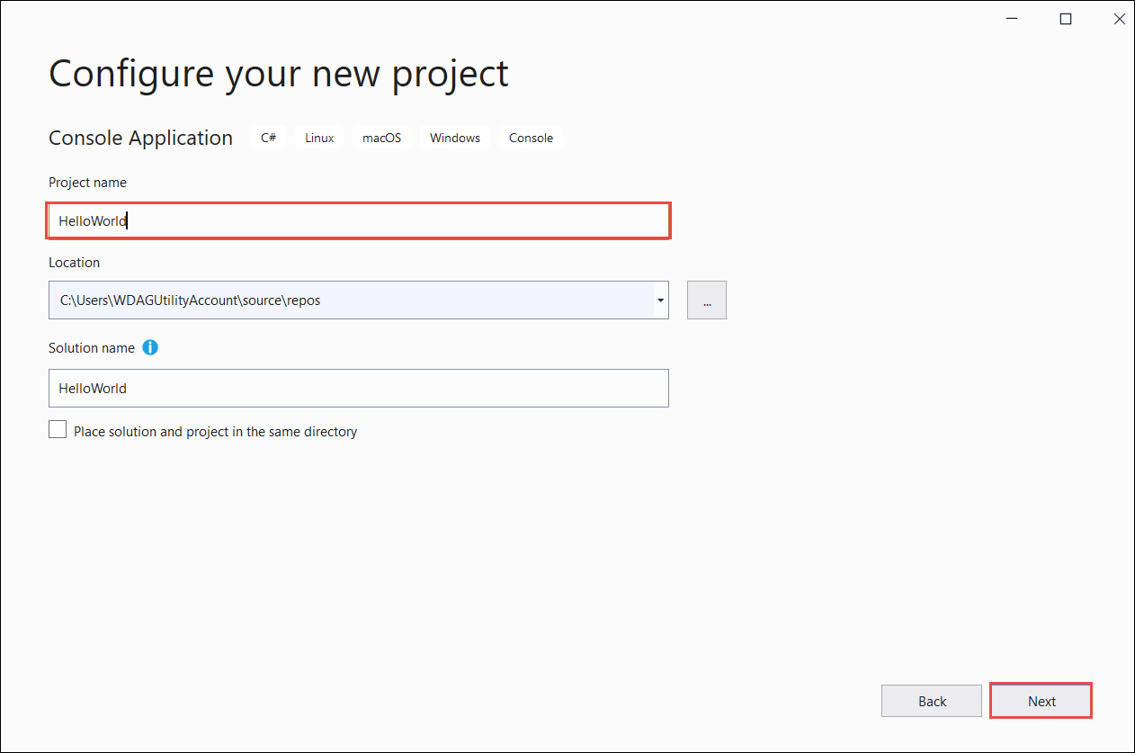 Configure your new project window with Project name, location, and solution name fields