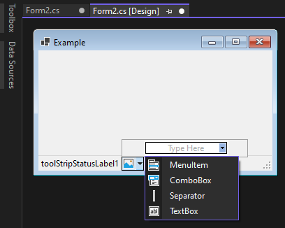 Visual Studio 中的 Windows Form 设计器显示一个拆分容器的设计时视图。