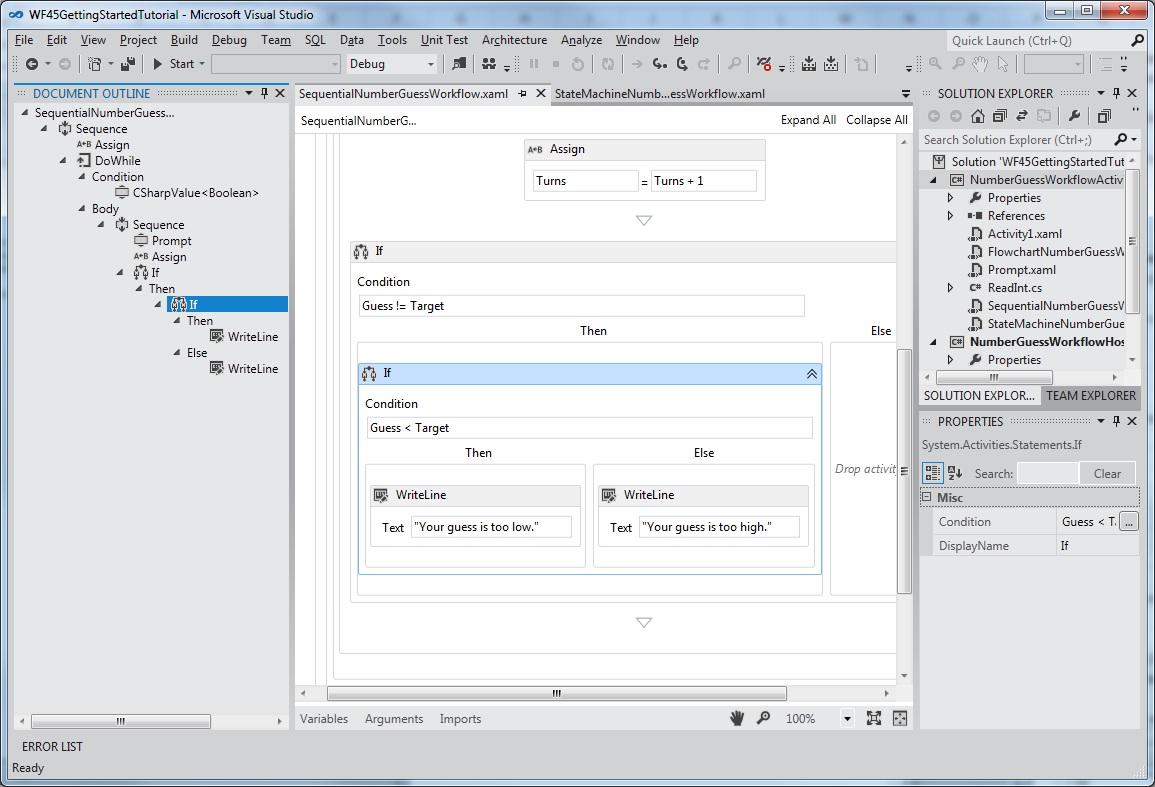 屏幕截图显示 Visual Studio 中包含顺序工作流的大纲视图。