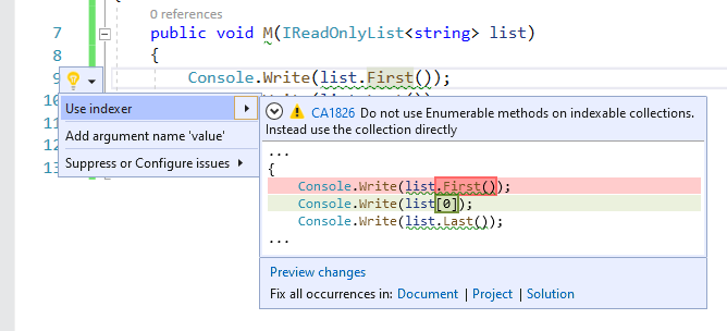 Code fix for CA1826 - Use indexer
