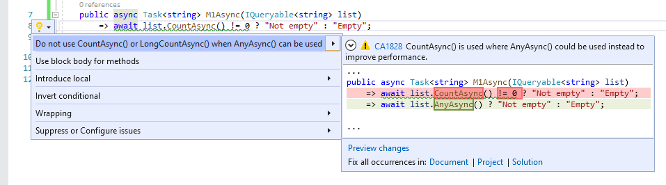 Code fix for CA1828 - Do not use CountAsync() or LongCountAsync() when AnyAsync() can be used
