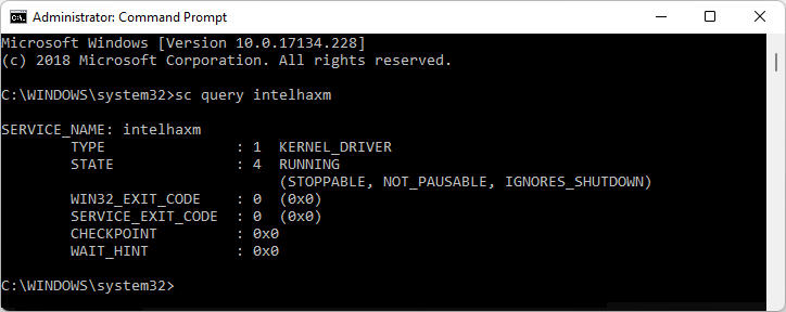 Output from sc query command when HAXM is available.