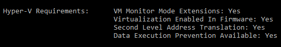 检查对 .NET MAUI 的 Hyper-V 支持时，systeminfo 输出的示例。
