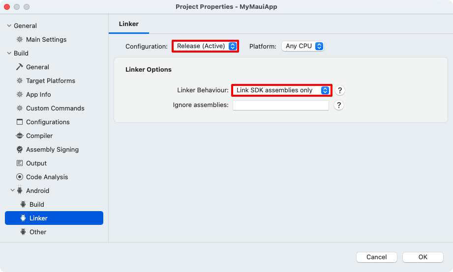 Screenshot of the linker behavior for Android in Visual Studio for Mac.