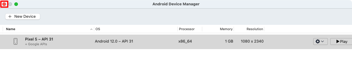 关闭“Android 设备管理器”窗口。
