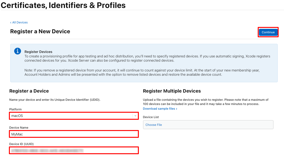 Register a device by naming it and entering its unique device identifier.