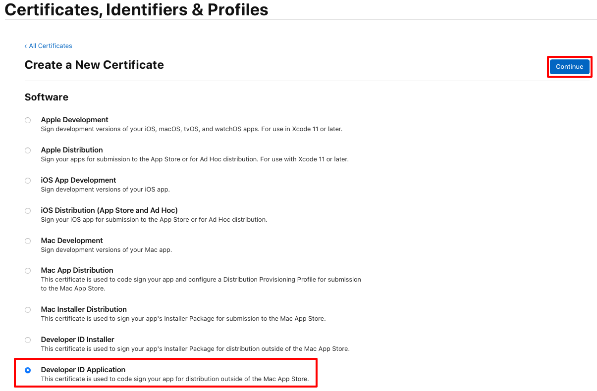 Create a Developer ID Application certificate.