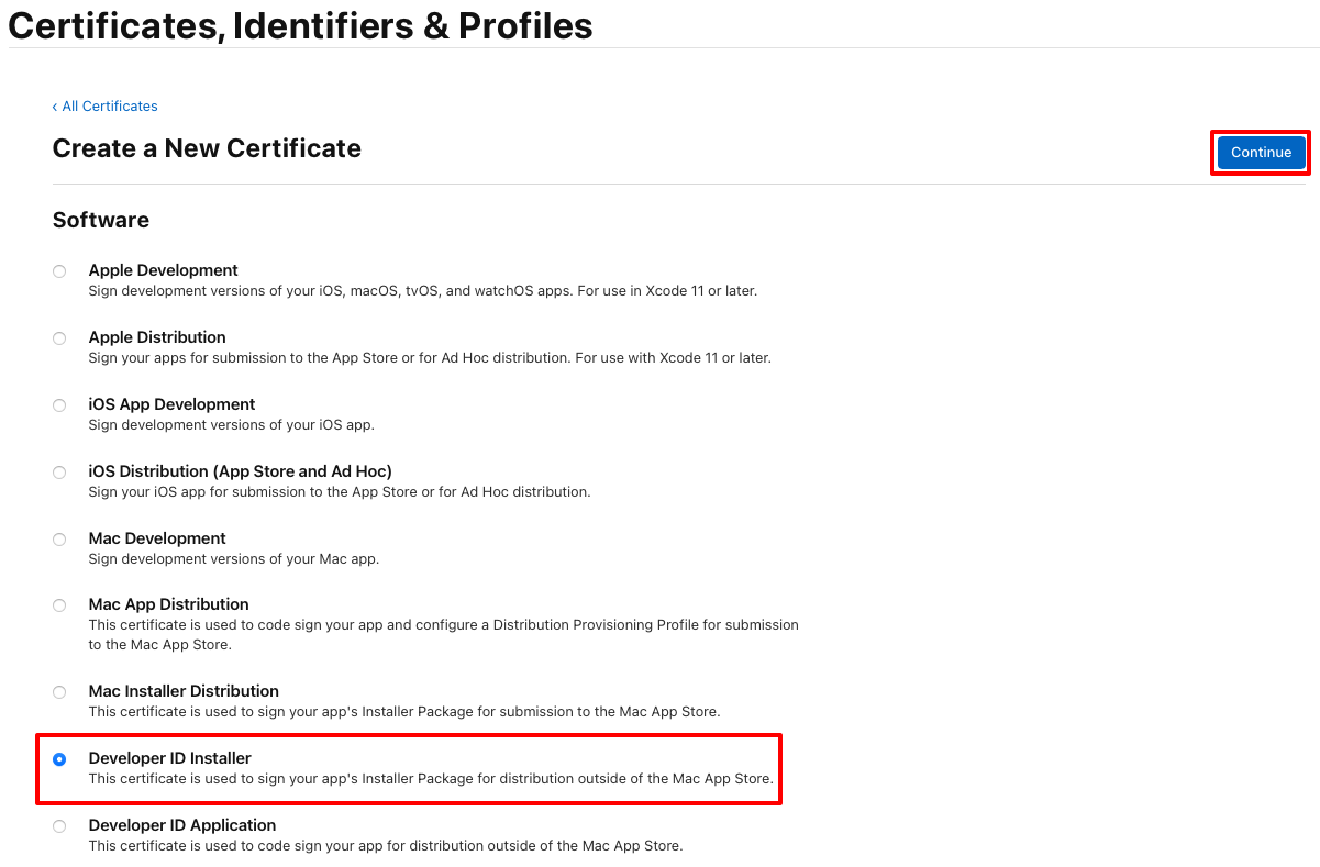 Create a Developer ID Installer certificate.