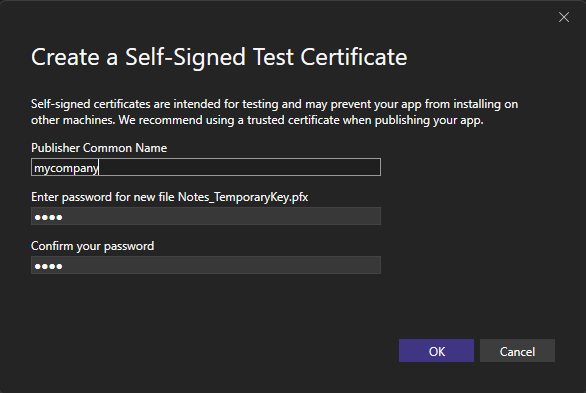 Create a self-signed test certificate in Visual Studio
