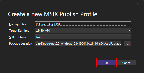 Creating a new publishing profile in Visual Studio.