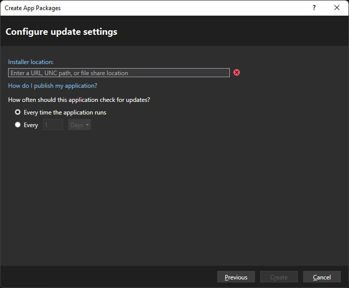 The configure update settings dialog box in Visual Studio.