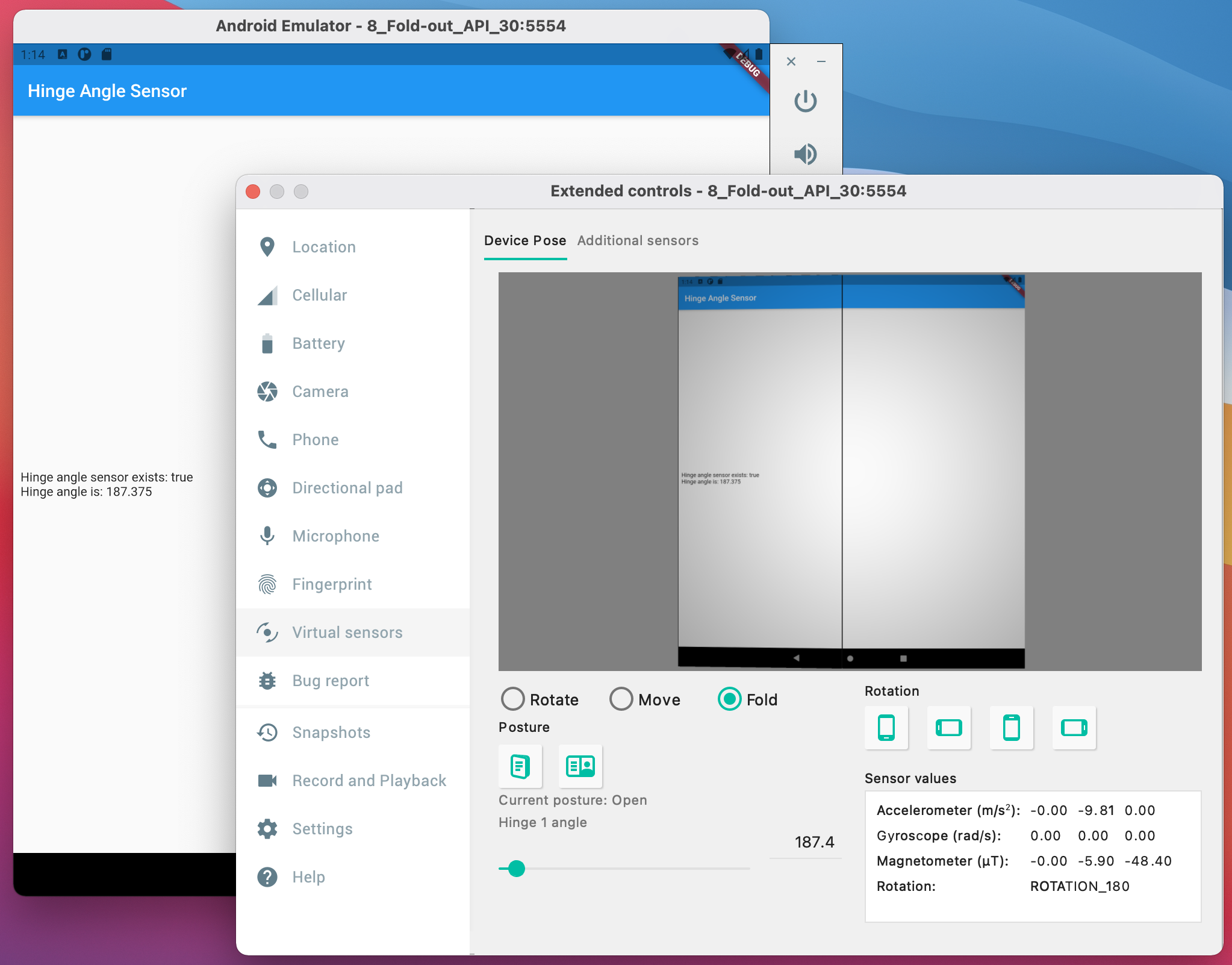 在 Android Studio 可折叠模拟器上运行的 Flutter dual_screen示例
