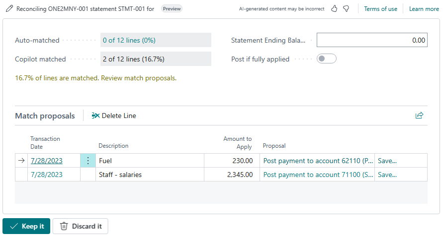 Screenshot that shows Copilot Proposals for Posting Differences to G/L Accounts window.