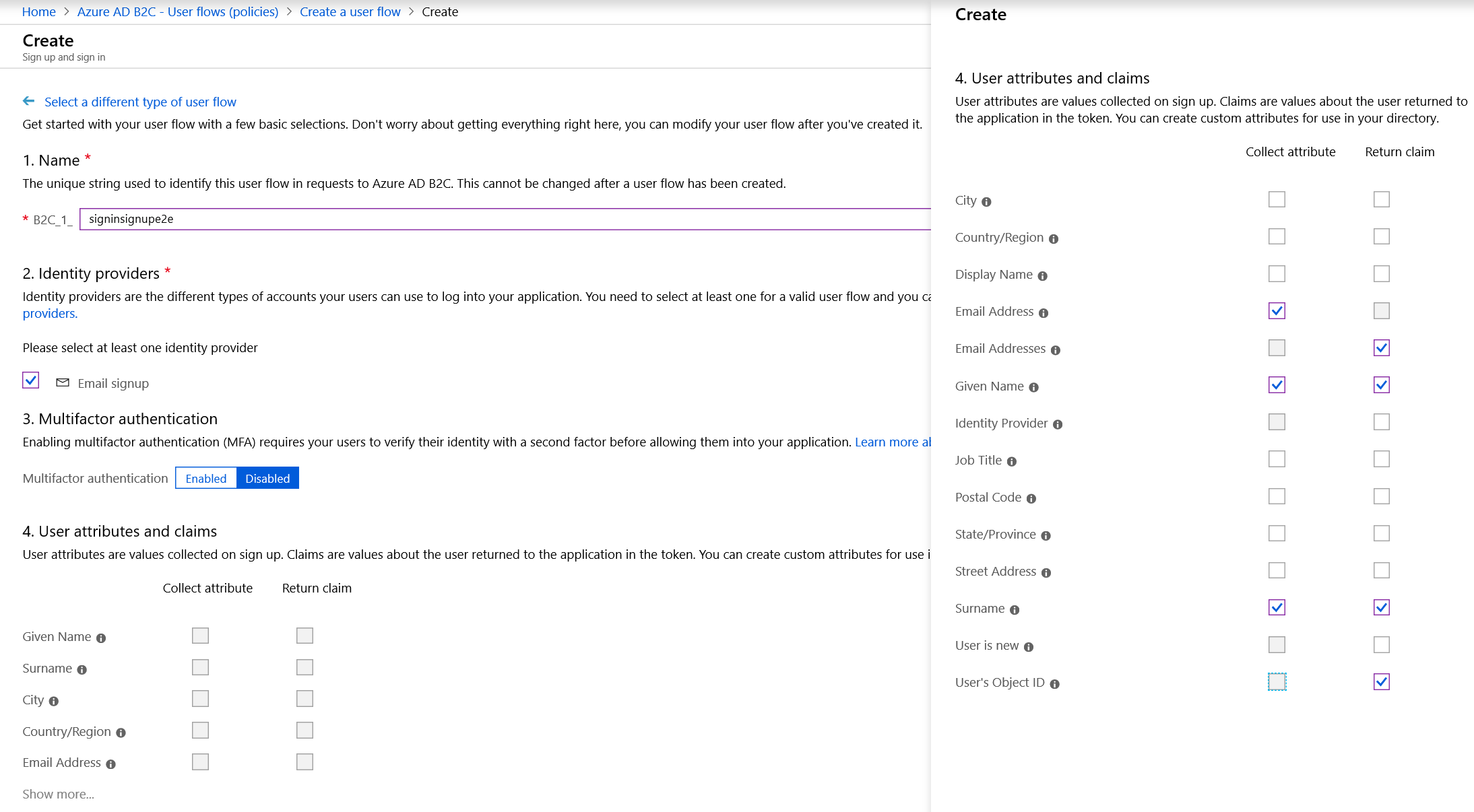 Screenshot of the Microsoft Entra B2C sign-up and sign-in user flow policy settings.