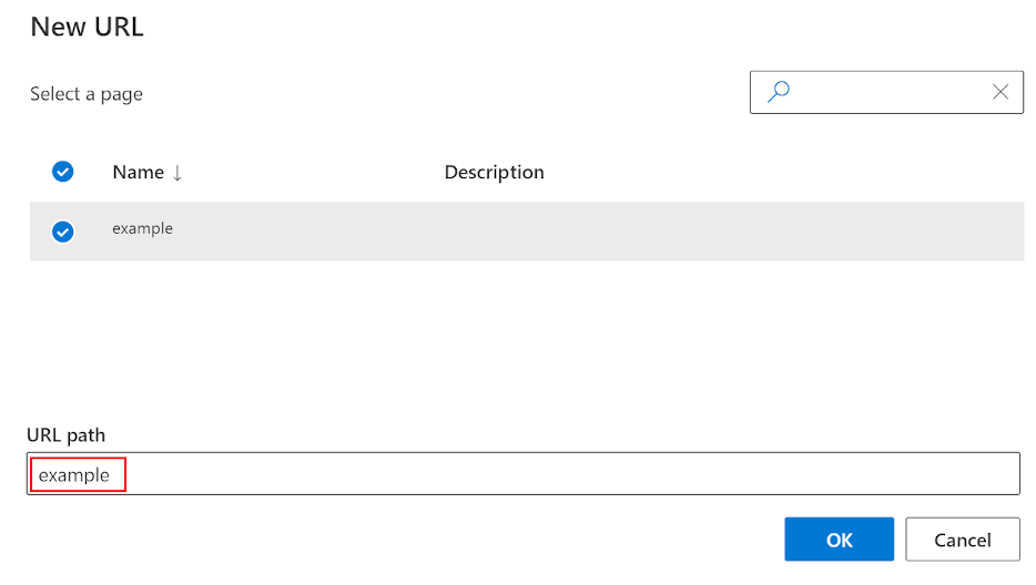 Screenshot of the New URL dialog box in site builder with an example URL path highlighted.