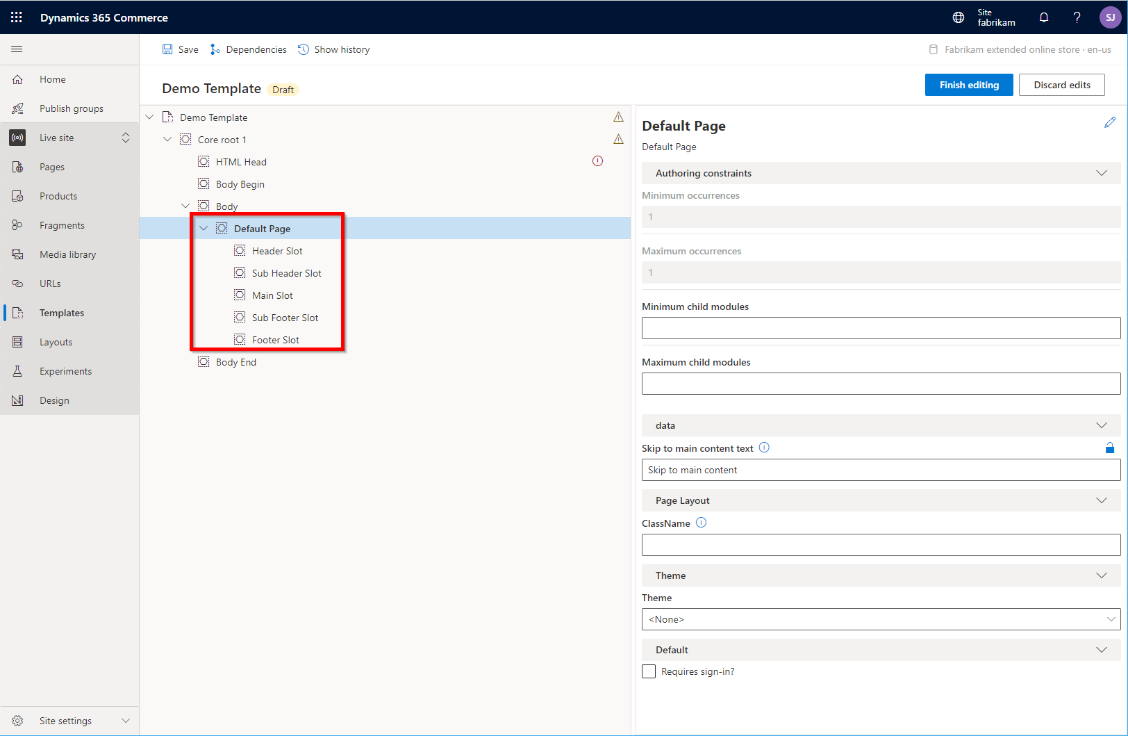 Screenshot of the default page module added to a template in Commerce site builder.