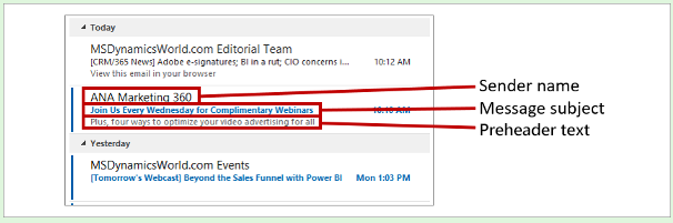 电子邮件内容在 Outlook 收件箱列表中的外观。