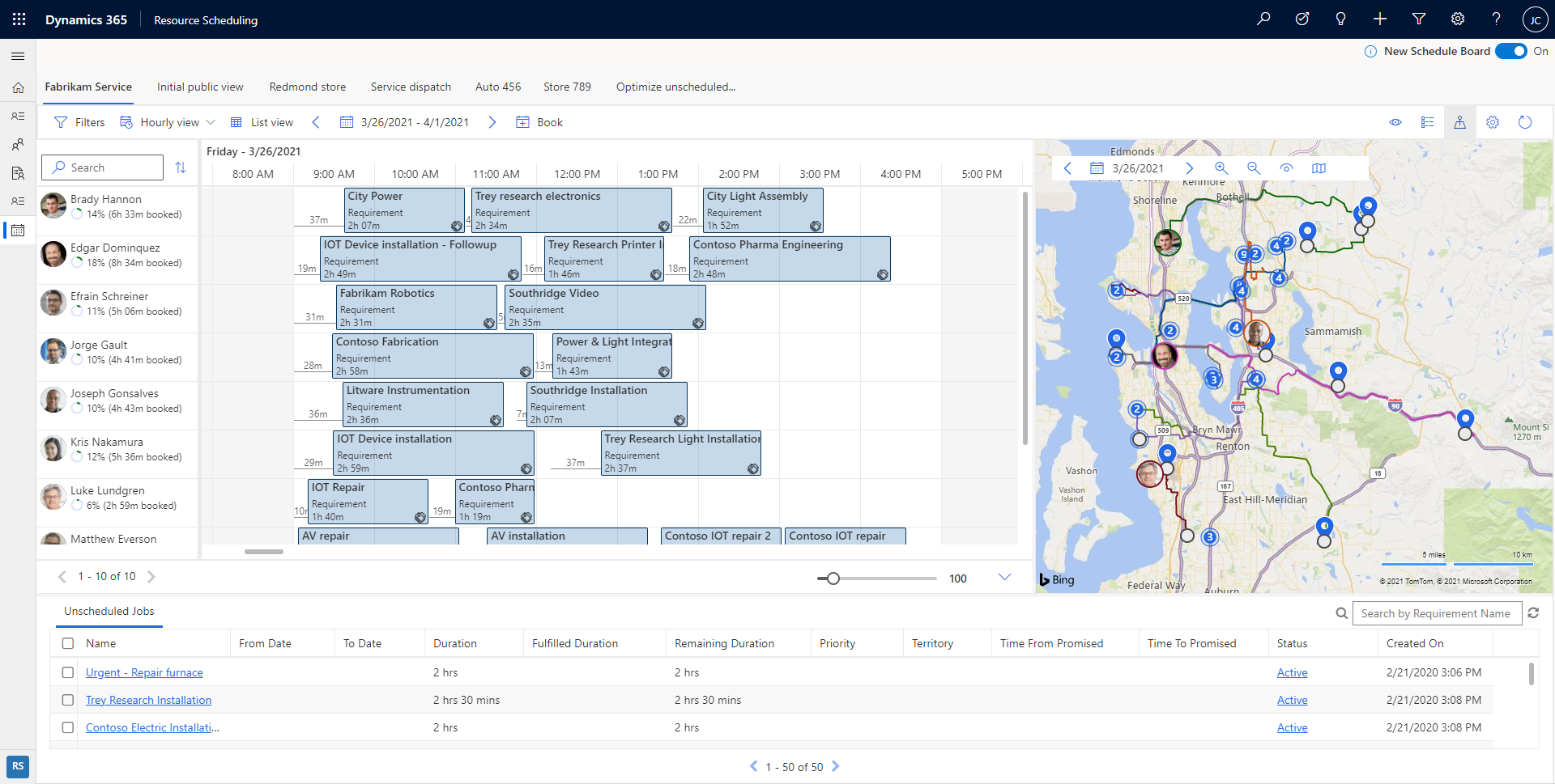 Dynamics 365 中新日程安排板的屏幕截图，显示资源和要求。