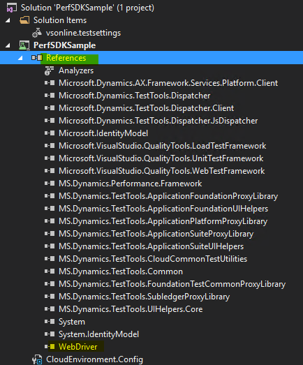 Screenshot of the PerfSDKSample references.