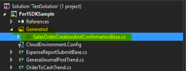 Screenshot of the new C# class in the Generated folder.