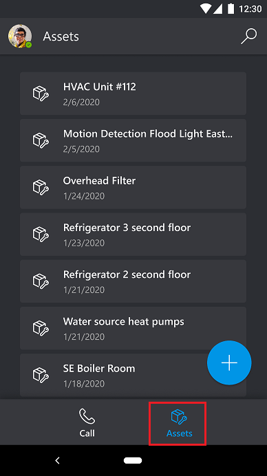 Dynamics 365 Remote Assist Mobile 中“资产”选项卡的屏幕截图。