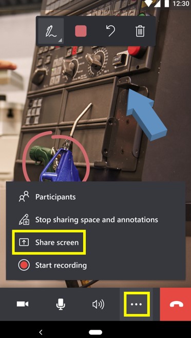 Screenshot of mobile app showing More button and Share screen command.