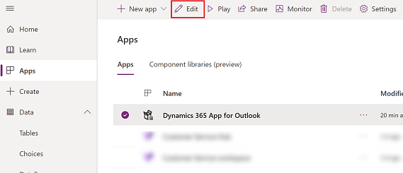 选择 Dynamics 365 App for Outlook，然后选择编辑。