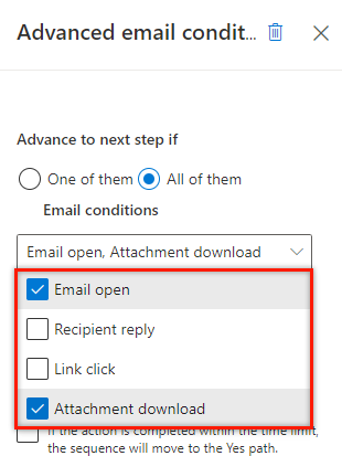 选择“电子邮件打开”和“附件已下载”复选框的屏幕截图。