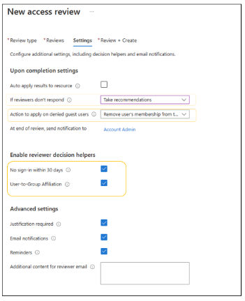 “新建访问评审”对话框和“设置”选项卡的屏幕截图。