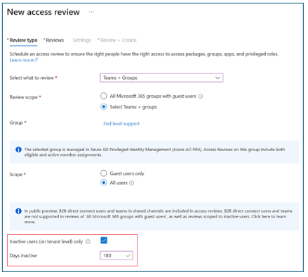 “新建访问评审”对话框和“审阅类型”选项卡的屏幕截图。